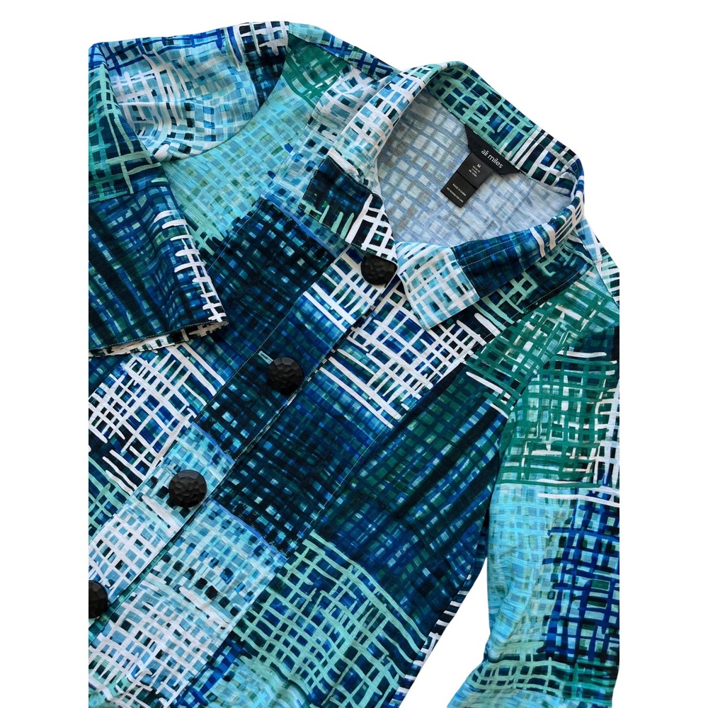 ALI Miles Patchwork Button Front Blue Tunic Blouse top Women's Sz M Bell Sleeve